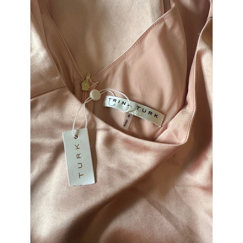 Trina Turk Pink Satin Blouson Cocktail Dress V-Back Short Sleeve Mini Size 8 NEW - Picture 5 of 6